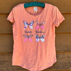 Belle Du Jour Girls Peach Tee Radiate Kindness Butterfly Design Sequin Accents S